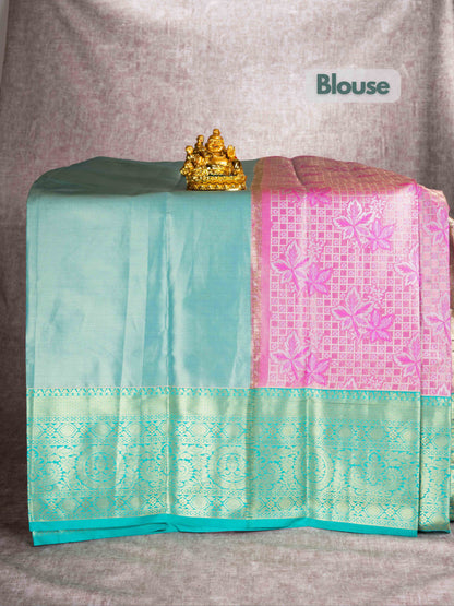 Mix Pattu Pavadai (Baby Pink Tissue) With Rexsona Green Blouse 44"