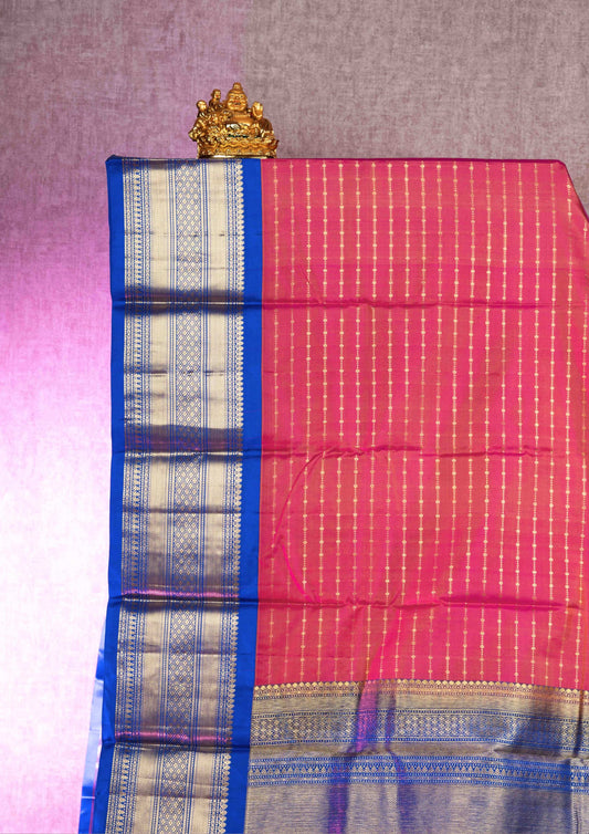 Kanjivaram Pure Silk Saree Pink With Royal Blue Traditional Border