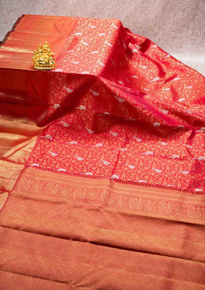 Kanjivaram Red Pure Silk Saree 4G Zari With Bottle Green Blouse