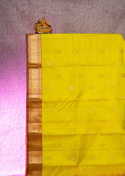 Kanjivaram Mustard Yellow Pure Silk Saree With Bronze Blouse