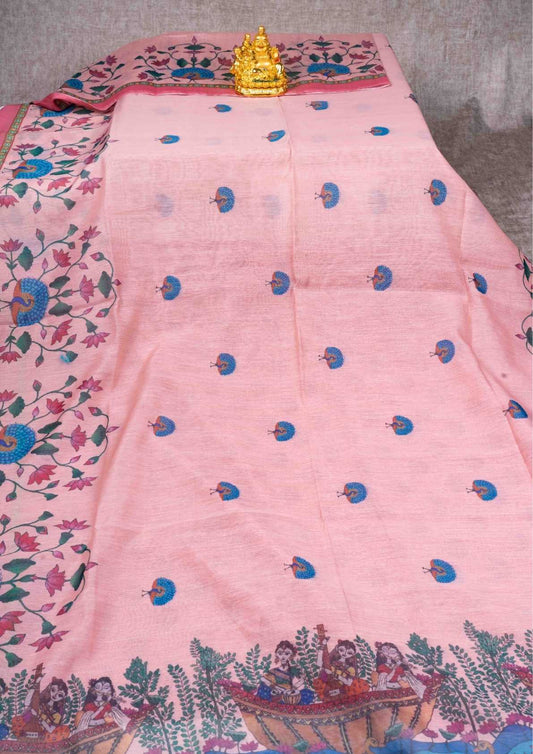 Fancy Chanderi Cotton Mix KalamKari Saree Peach With Pinkish Peach Blouse