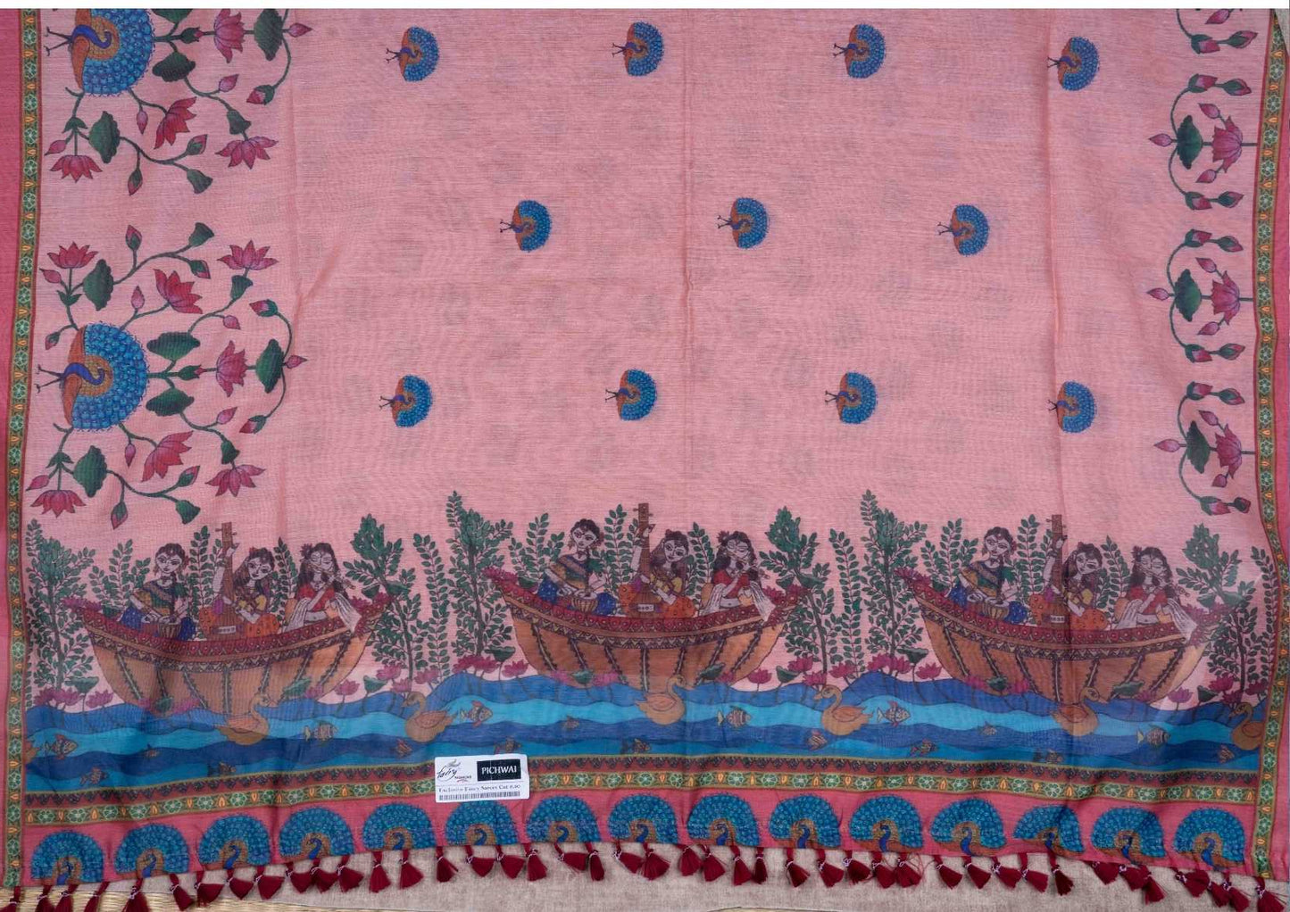 Fancy Chanderi Cotton Mix KalamKari Saree Peach With Pinkish Peach Blouse