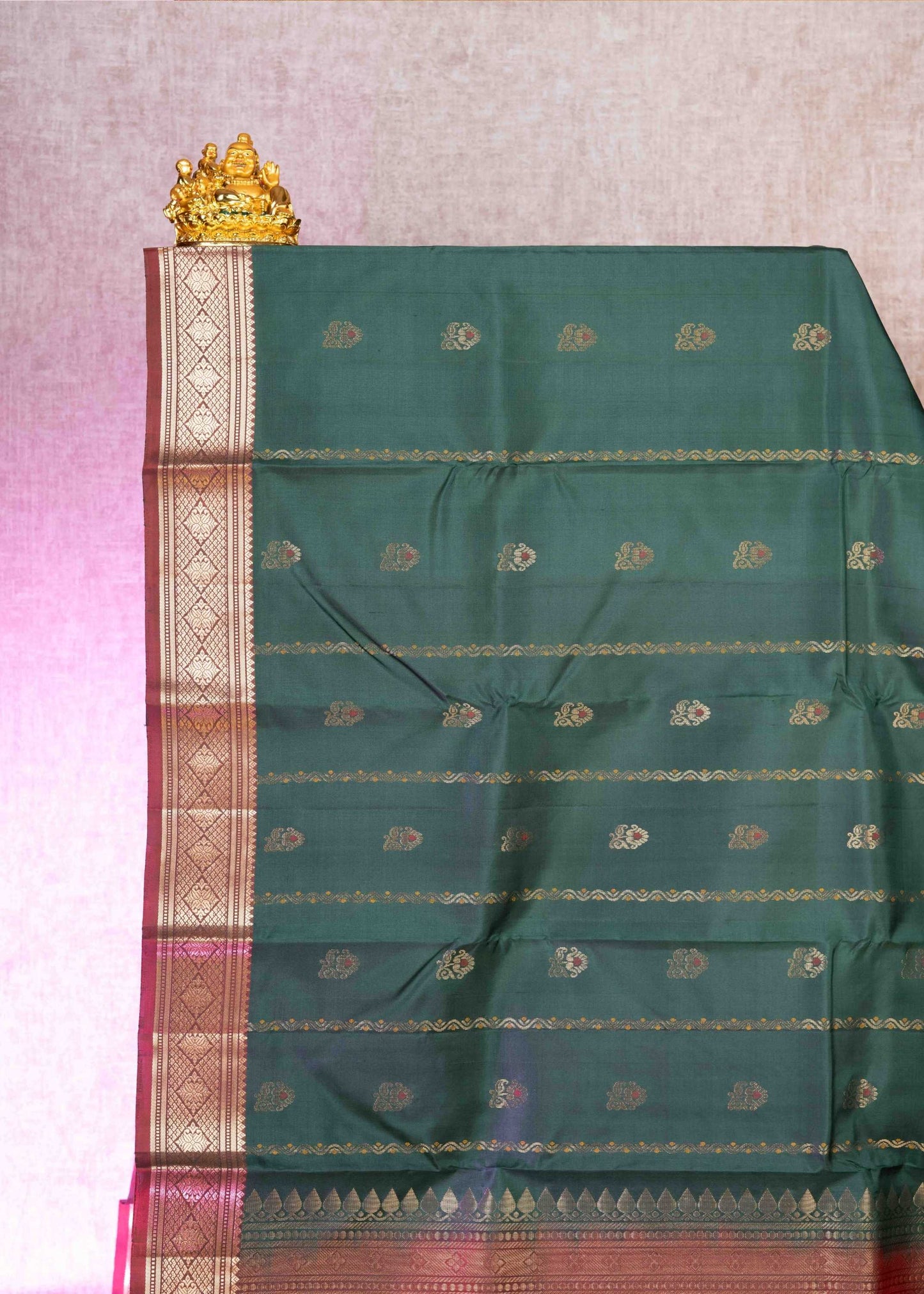 Kanjivaram Bottle Green Pure Silk Saree With Maroon Blouse