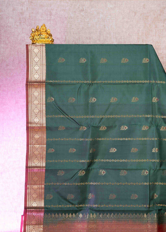 Kanjivaram Bottle Green Pure Silk Saree With Maroon Blouse