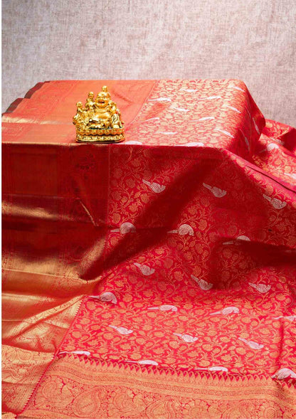 Kanjivaram Red Pure Silk Saree 4G Zari With Bottle Green Blouse