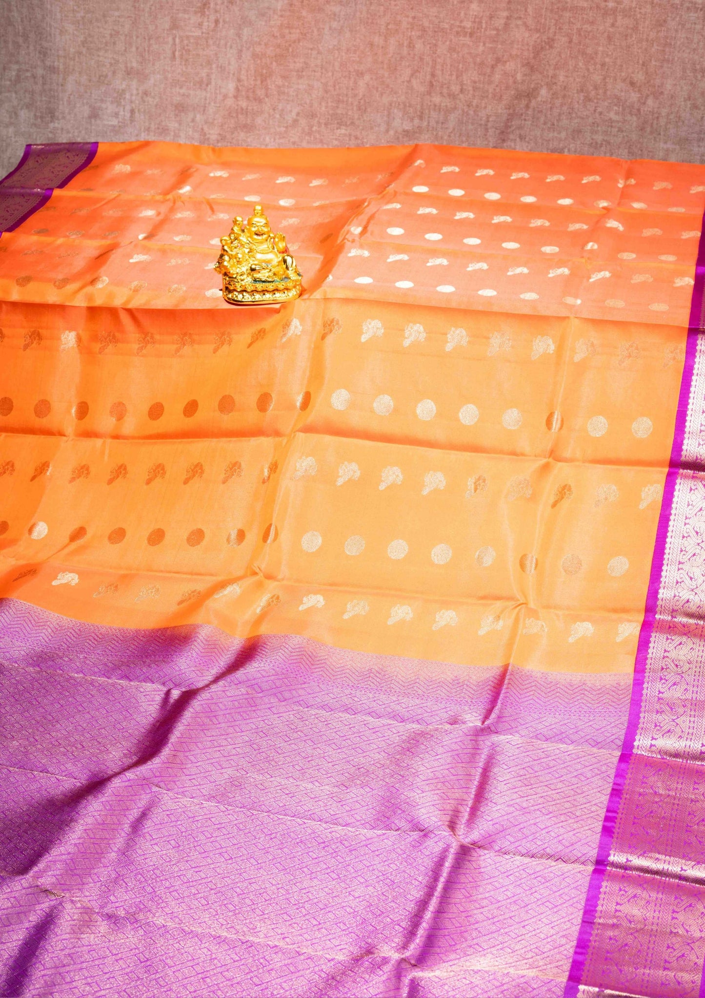 Orange Shade Kanjivaram Pure Silk Saree With Magenta Rose Blouse