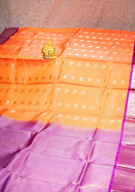 Orange Shade Kanjivaram Pure Silk Saree With Magenta Rose Blouse