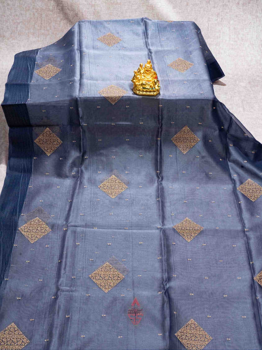 Grey color Organza Fancy Saree with Dark Blue Border