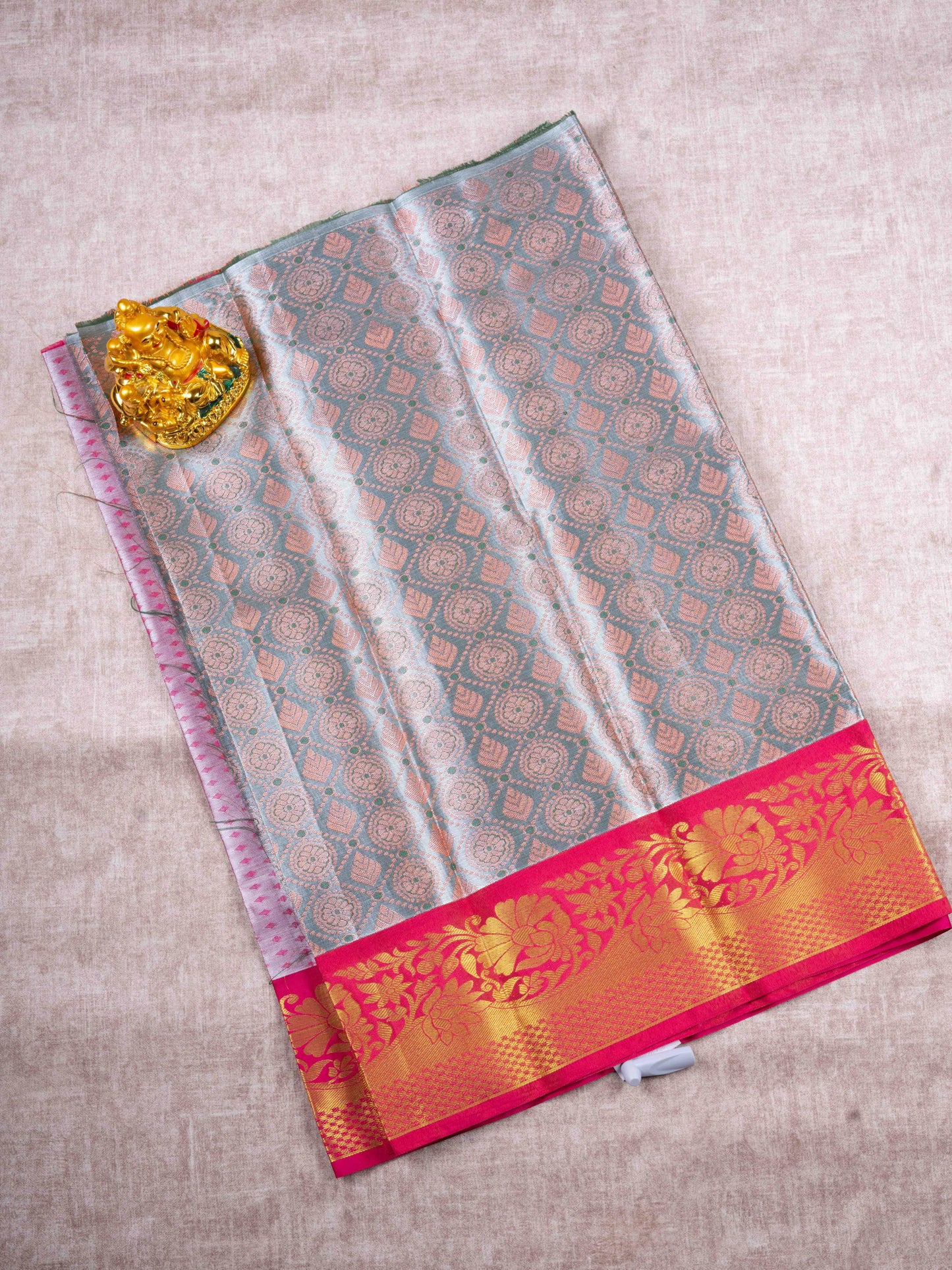 Mix Pattu Pavadai ( Cream Green Tissue ) With Tissue Blouse 27"