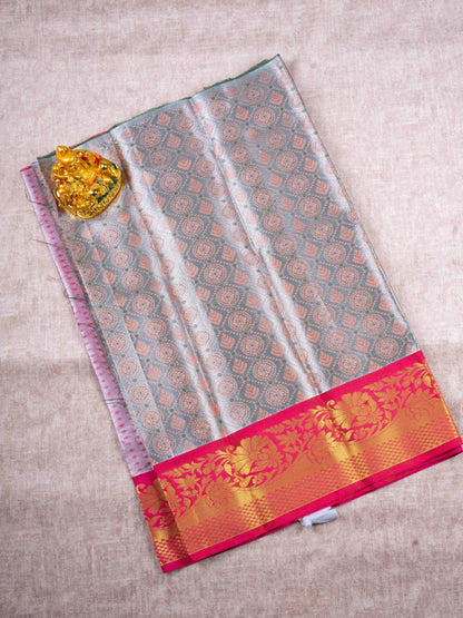 Mix Pattu Pavadai ( Cream Green Tissue ) With Tissue Blouse 27"