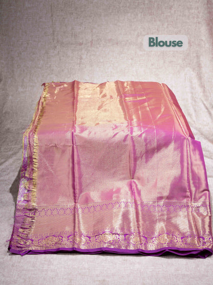 Mix Pattu Pavadai (Parrot Green Tissue) With Magenta Blouse 44"