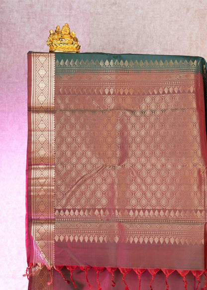 Kanjivaram Bottle Green Pure Silk Saree With Maroon Blouse
