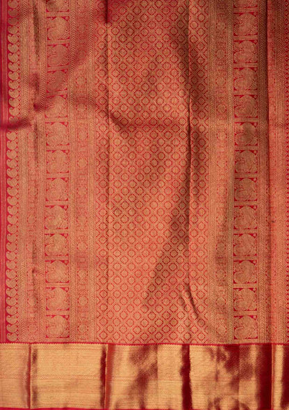 Kanjivaram Bottle Green Pure Silk Saree 4G Zari With Tomato Red Blouse