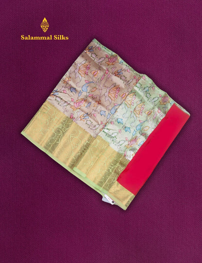 Semi Silk Pattu Pavadai ( Pinkish Red ) With Fancy Parrot Green Blouse 27"