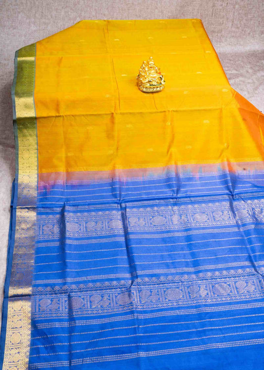 Gold Kanjivaram Pure Silk Cotton with Olive Violet Blouse