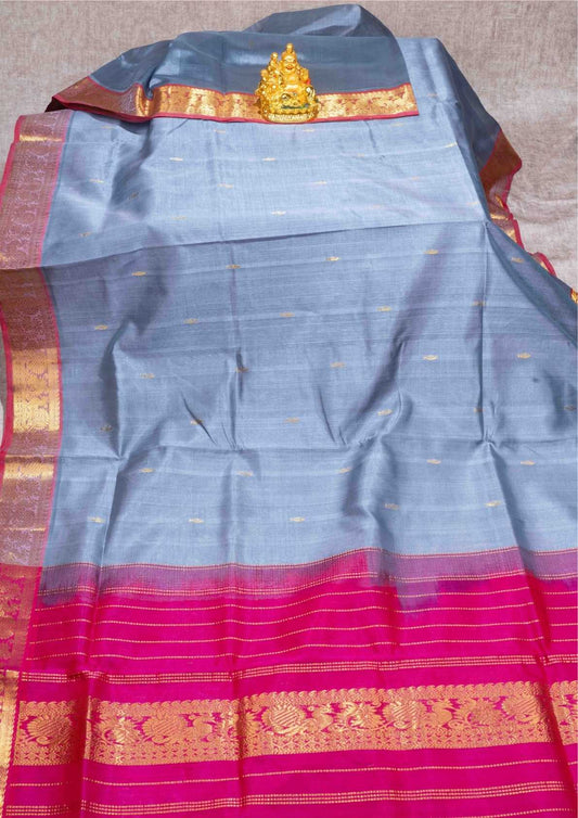 Gray Kanjivaram Pure Silk Cotton with Pink Blouse