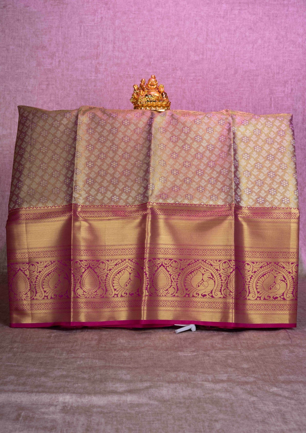 Semi Silk Pattu Pavadai ( Mustard Yellow Tissue ) With Tissue Blouse  44"
