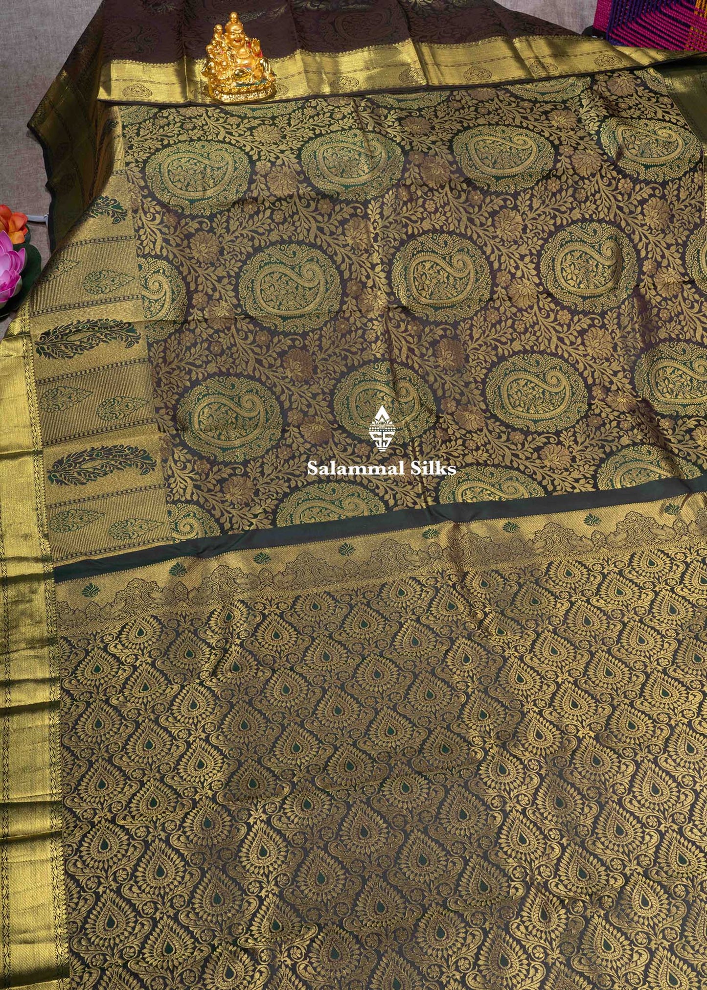 Kanjivaram Brown Pure Silk Jacquard Saree With Bottle Green Blouse
