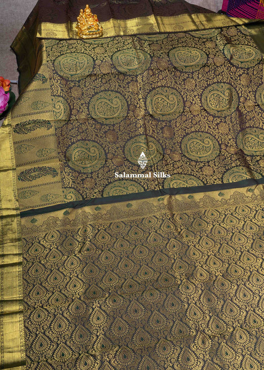 Kanjivaram Brown Pure Silk Jacquard Saree With Bottle Green Blouse