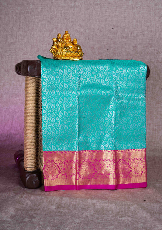 Mix Pattu Pavadai (Saffire Green) With Pink Blouse 18"