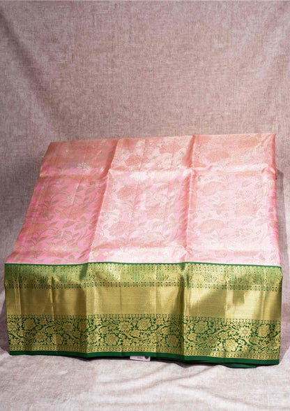 Pure Silk Pattu Pavadai ( Peach Tissue ) With Bottle Green Blouse  44"