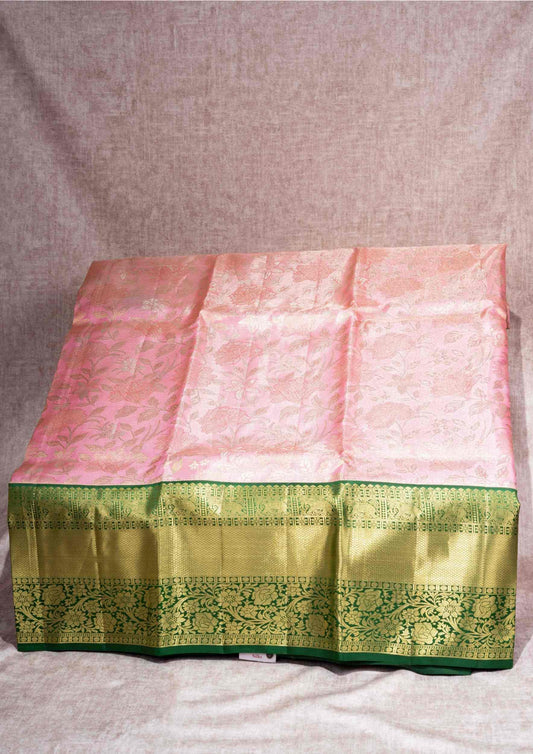 Pure Silk Pattu Pavadai ( Peach Tissue ) With Bottle Green Blouse  44"