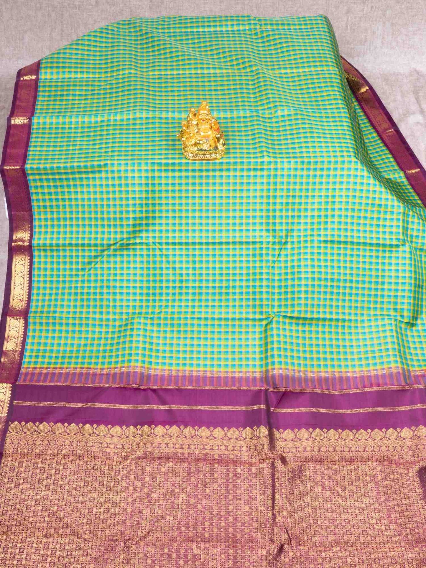 Multi Color Small Check Kanjivaram Pure Silk saree with Majentha Blouse