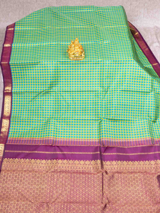 Multi Color Small Check Kanjivaram Pure Silk saree with Majentha Blouse