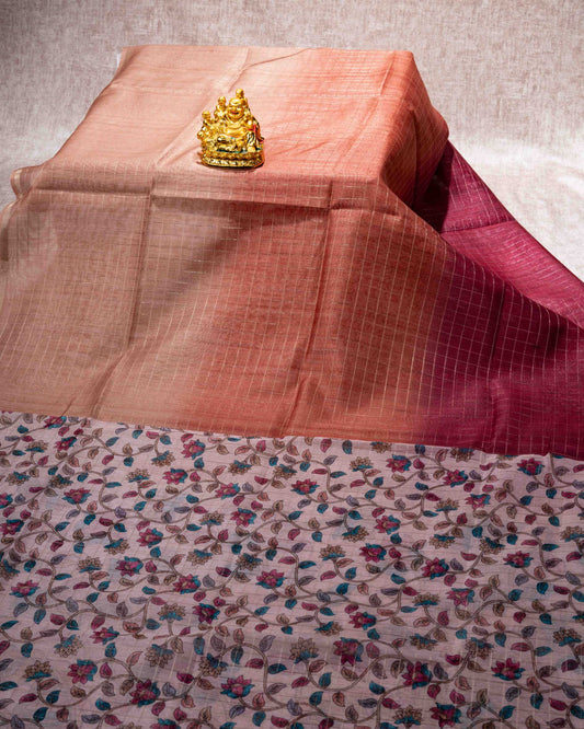 Fancy Cotton Mix Saree MultiColour Body Checks With Floral Kalamkari Blouse