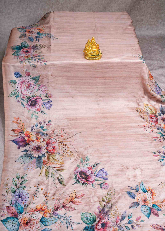 Sandal Pure Fancy Tussar Saree With Floral Blouse