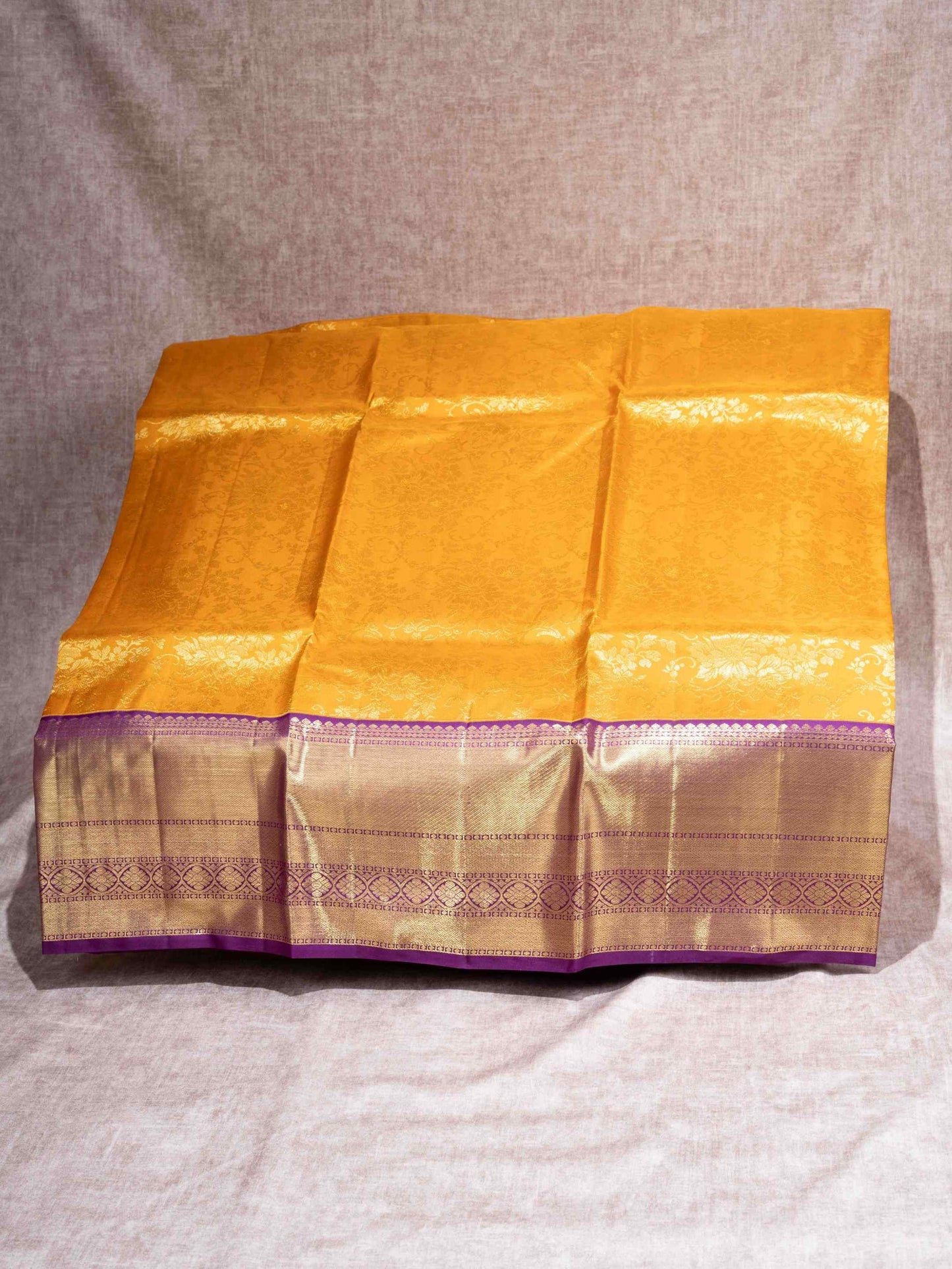 Pure Silk Pattu Pavadai ( Mustard Yellow ) With Violet Blouse 44"