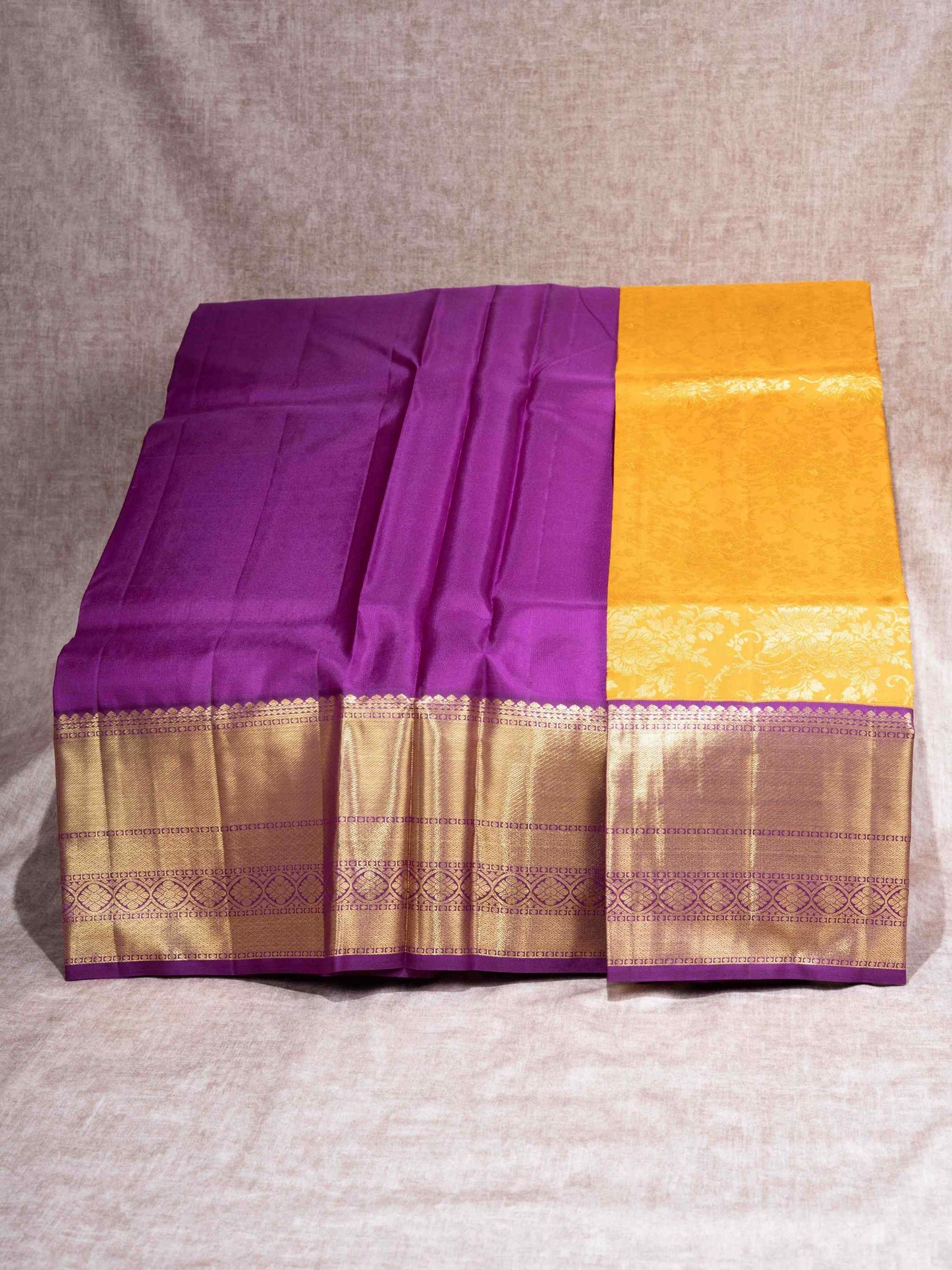 Pure Silk Pattu Pavadai ( Mustard Yellow ) With Violet Blouse 44"