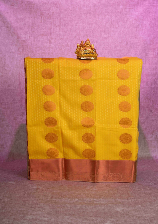 Mix Pattu Pavadai (Empose Zari Butta Yellow Colour) With Maroon Blouse 36"