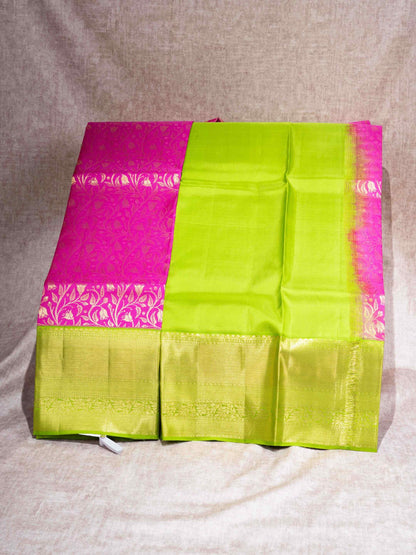 Pure Silk Pattu Pavadai (Pink) With Parrot Green Blouse 44"