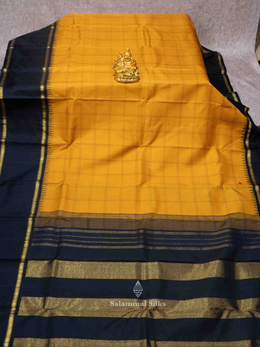 Mustard Color Kanjivaram Pure Silk Saree Black Temple Border with Blouse