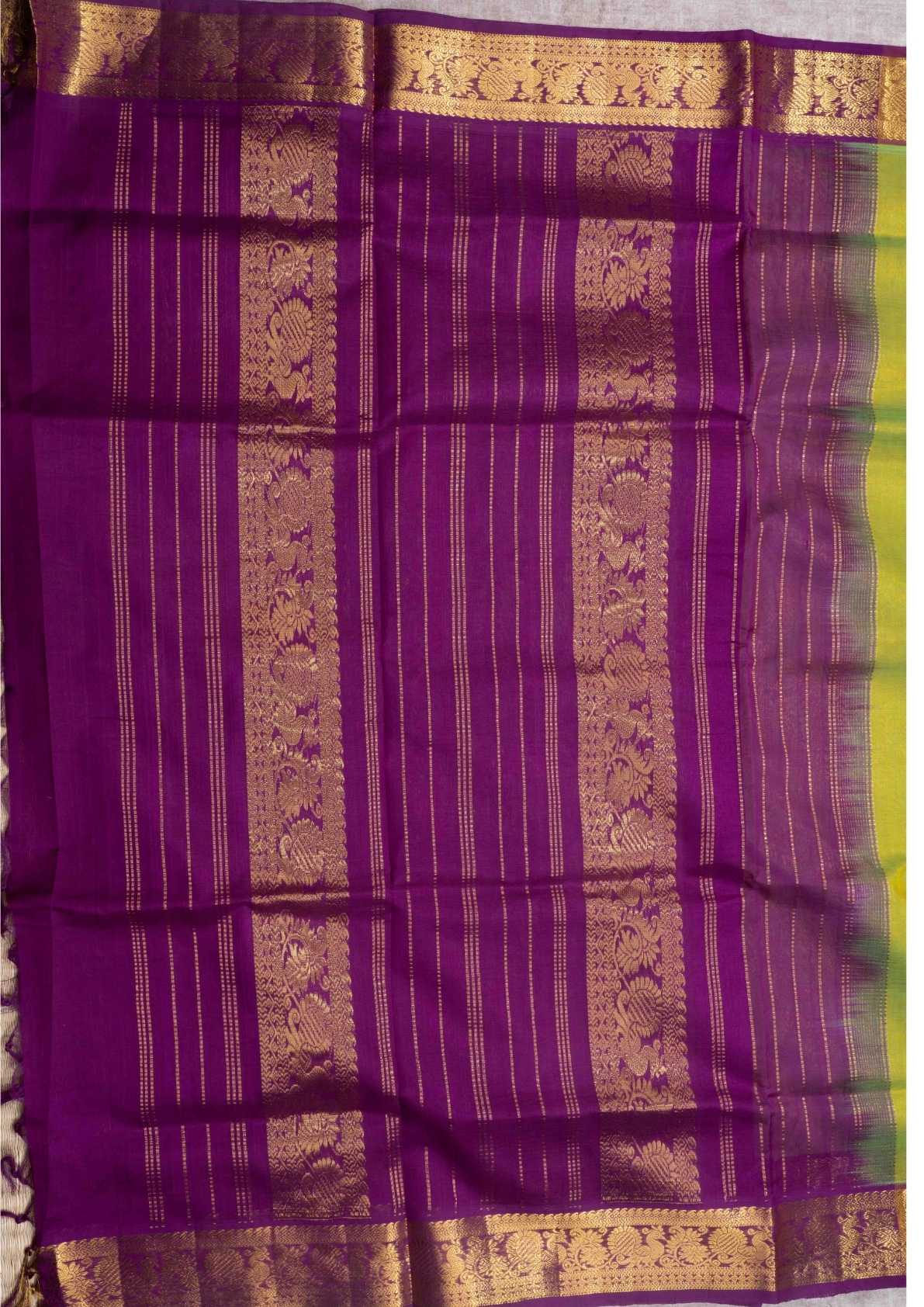 Manthulir Yellow Kanjivaram Pure Silk Cotton with Violet Blouse