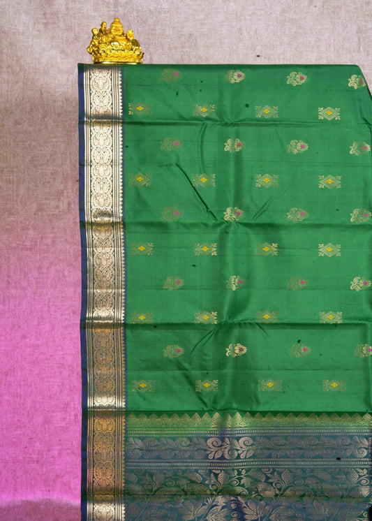 Kanjivaram Olive Green Pure Silk Saree With Green Blouse