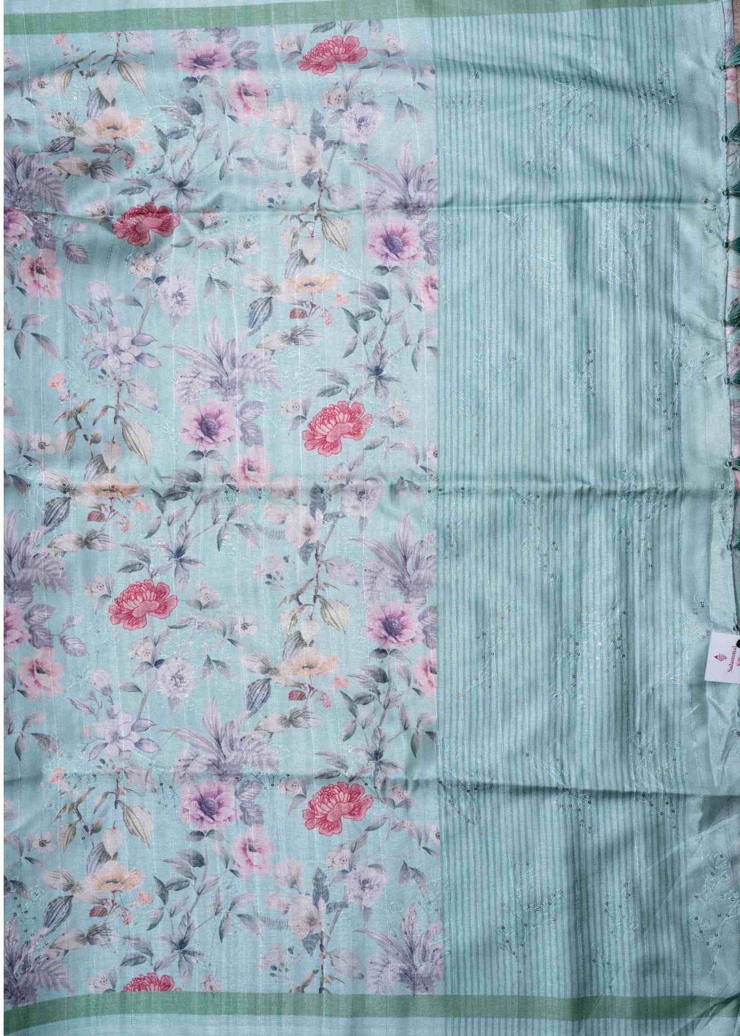 Cream Green Pure Fancy Tussar Saree With Floral Print Blouse