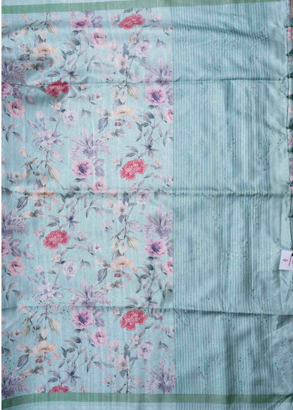 Cream Green Pure Fancy Tussar Saree With Floral Print Blouse