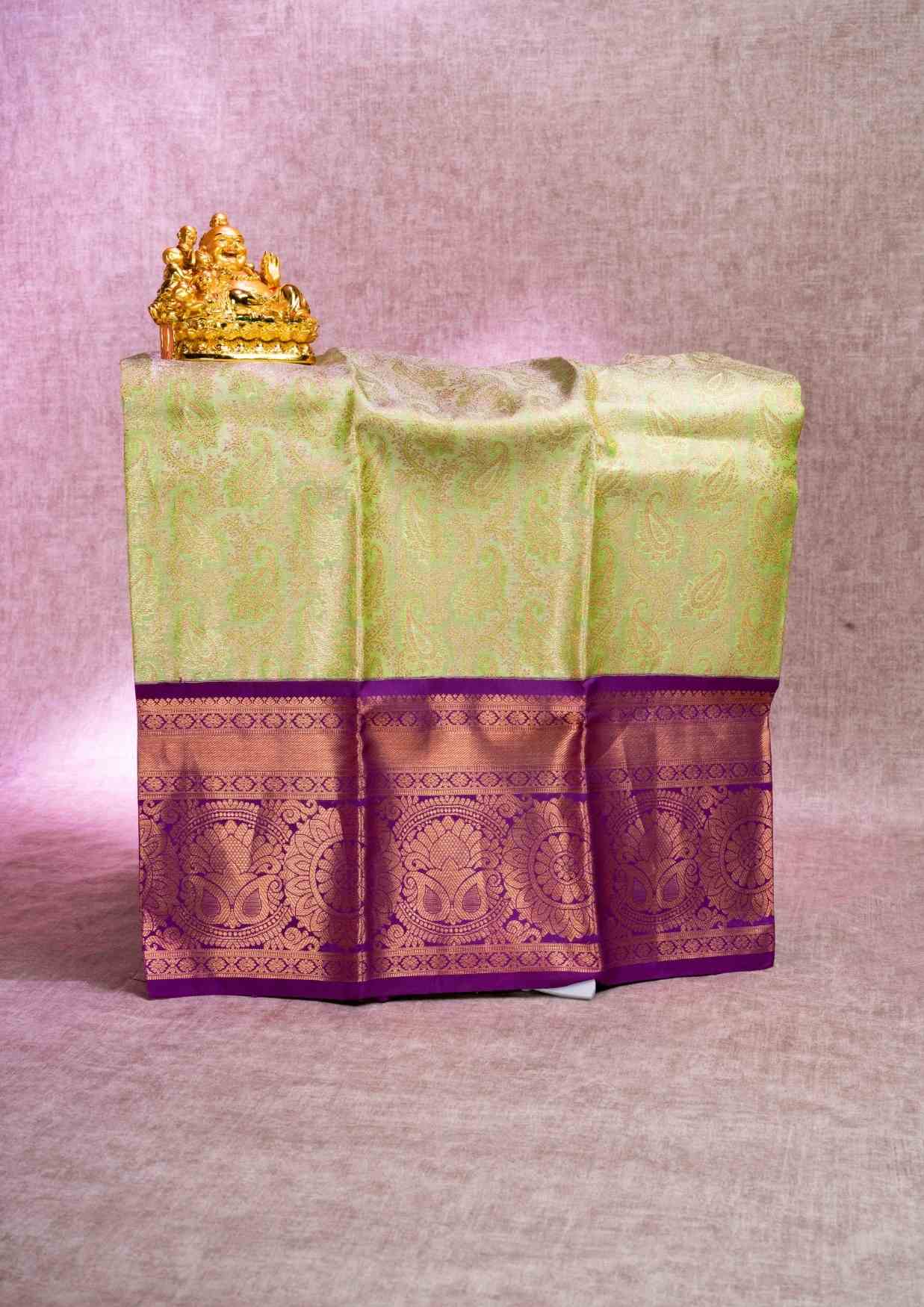 Pure Silk Pattu Pavadai (Parrot Green Tissue) With Violet Blouse 27"