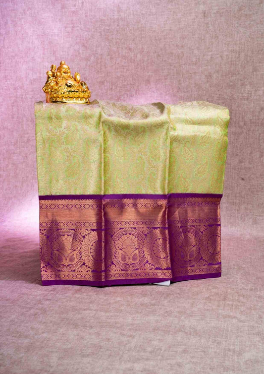 Pure Silk Pattu Pavadai (Parrot Green Tissue) With Violet Blouse 27"