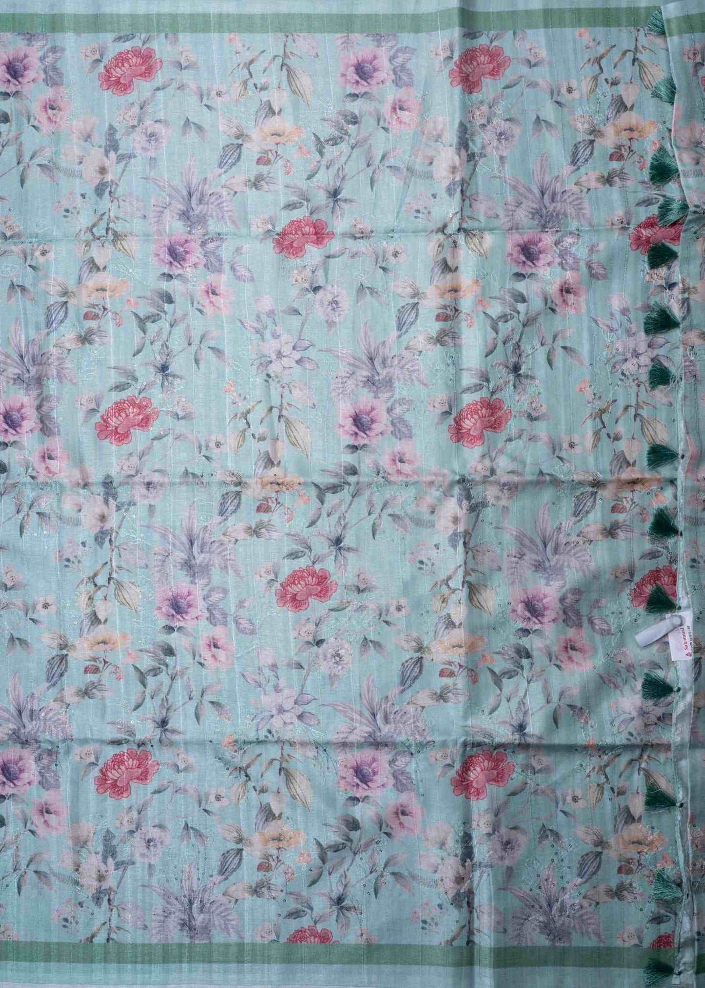 Cream Green Pure Fancy Tussar Saree With Floral Print Blouse