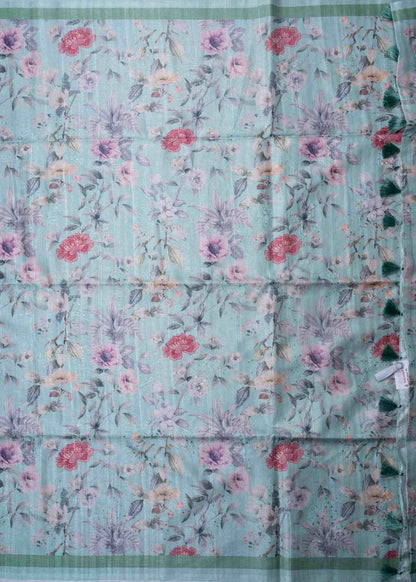 Cream Green Pure Fancy Tussar Saree With Floral Print Blouse