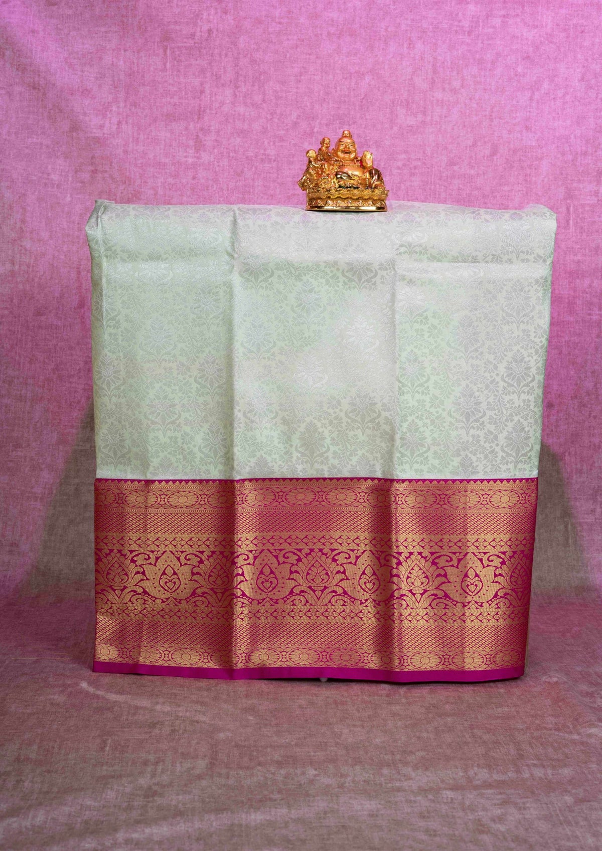 Semi Silk Pattu Pavadai (Cream Green) With Pink Blouse 36"