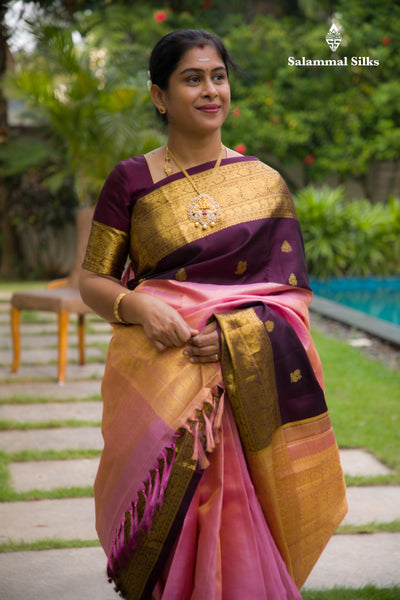Korvai 2G Zari Pure Kanjivaram Silk Saree - Baby Pink Tissue with Contrast Brown Border
