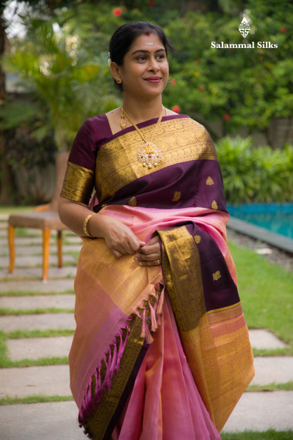 Korvai Beautiful Baby Pink Tissue Plain Pure Kanjivaram Silk Saree With Contrast Brown Traditional Long Border