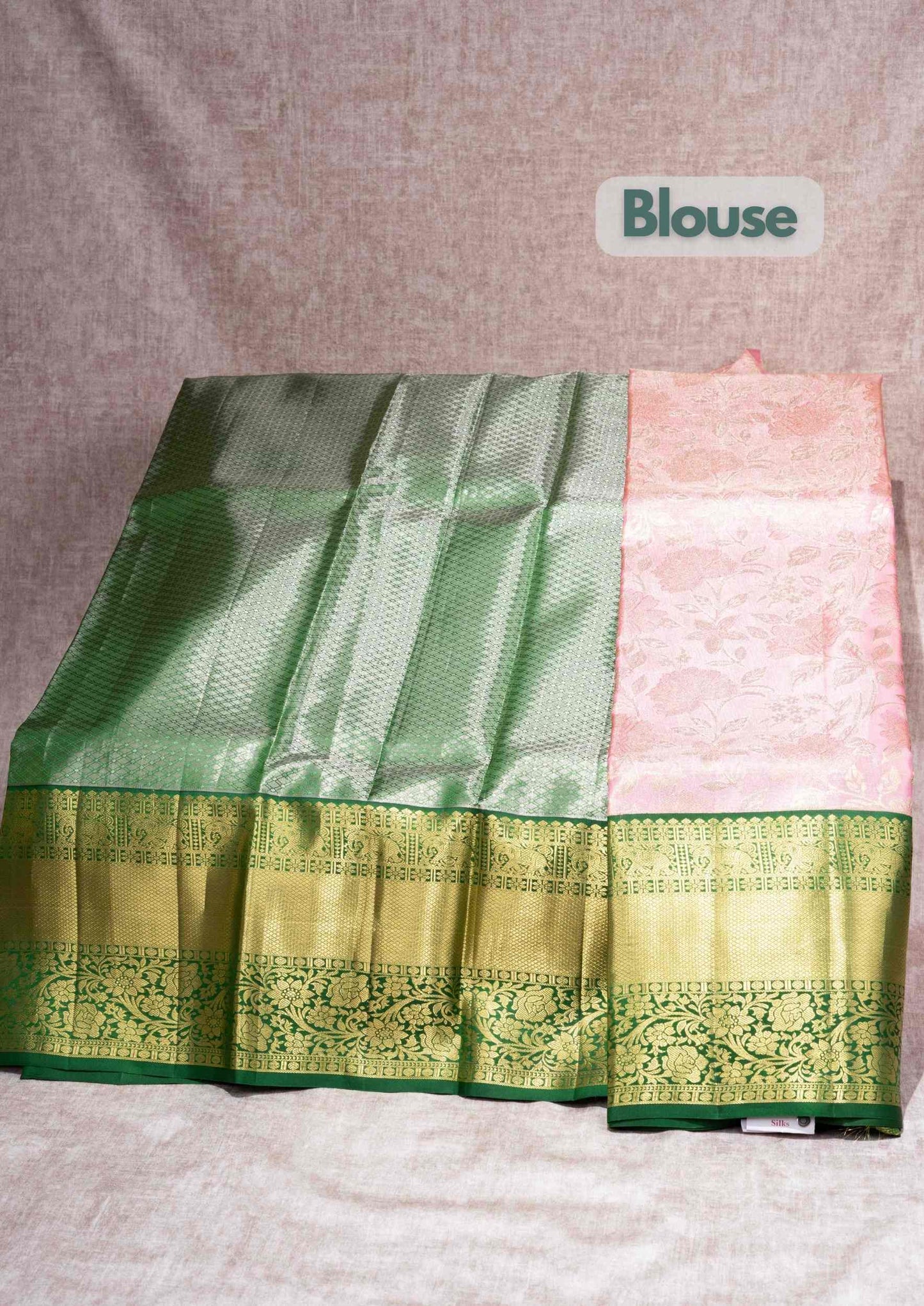 Pure Silk Pattu Pavadai ( Peach Tissue ) With Bottle Green Blouse  44"