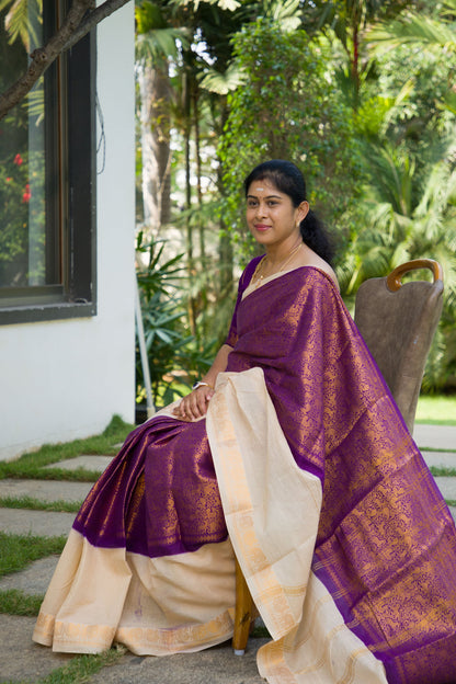 Beautiful Violet Vanasingaram Traditional Sungudi Cotton Saree With Contrast Cream Gap Border