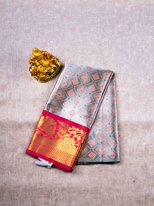 Mix Pattu Pavadai ( Cream Green Tissue ) With Tissue Blouse 27"