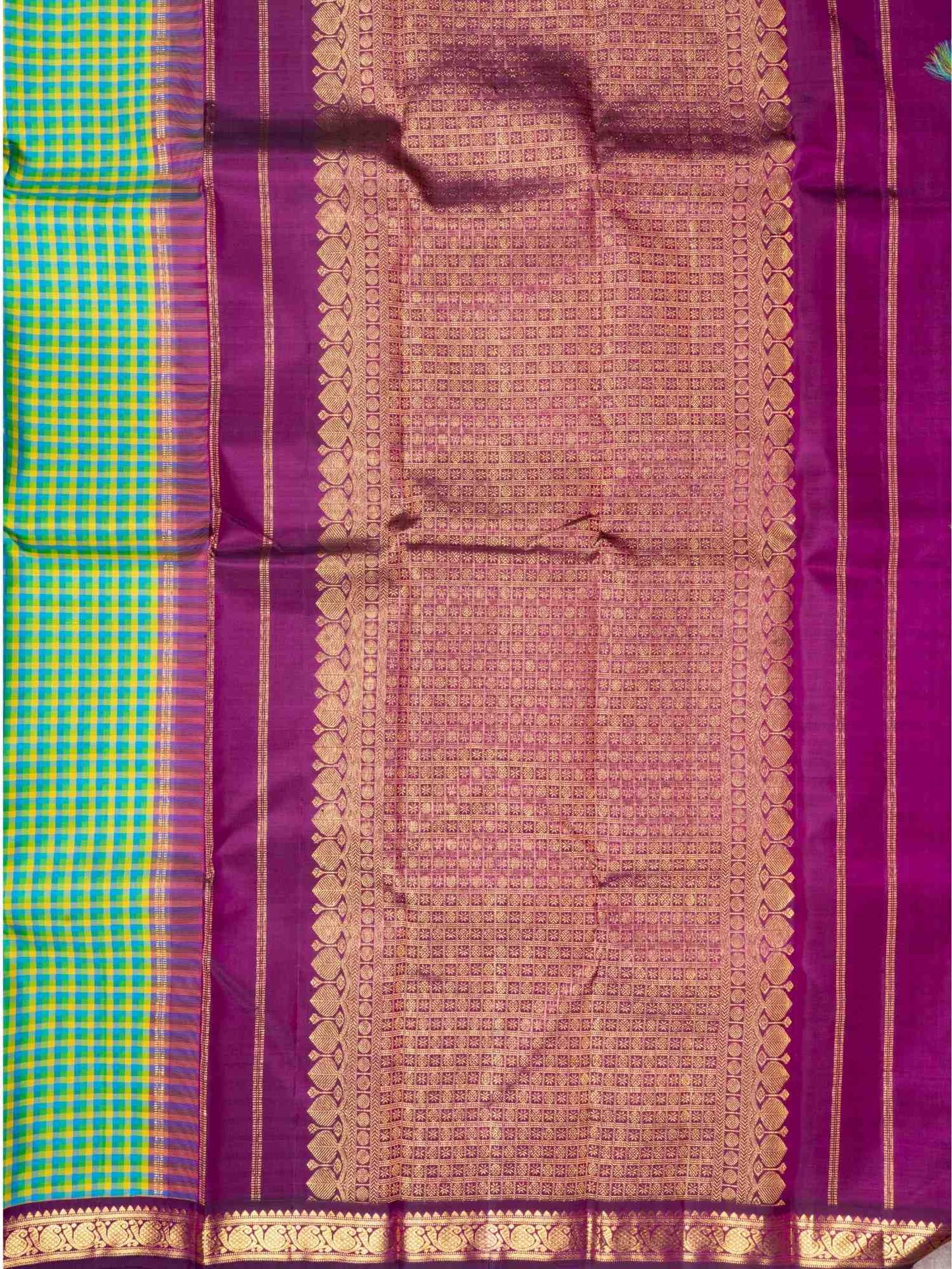 Multi Color Small Check Kanjivaram Pure Silk saree with Majentha Blouse